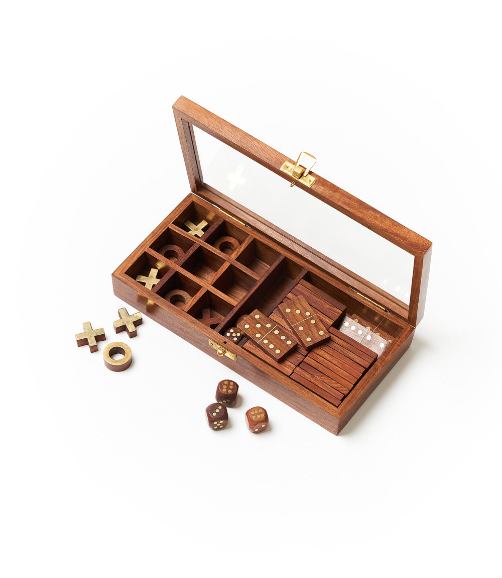 3-in-1 Spielset – Würfel, Domino & Tic Tac Toe aus handgefertigtem Holz