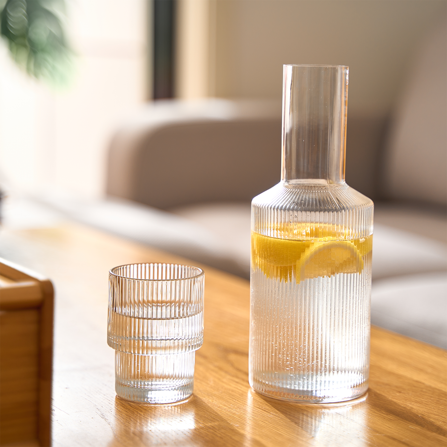 Bedside Water Carafe & Tumbler Set | 2-Piece Set | Crystal Elegant Ribbed Night Glass Pitcher - 900 ML - Bedroom Nightstand Serving Decanter Dispenser for Water, Juice, Tea Drinks, Pitcher & Cup Set-1